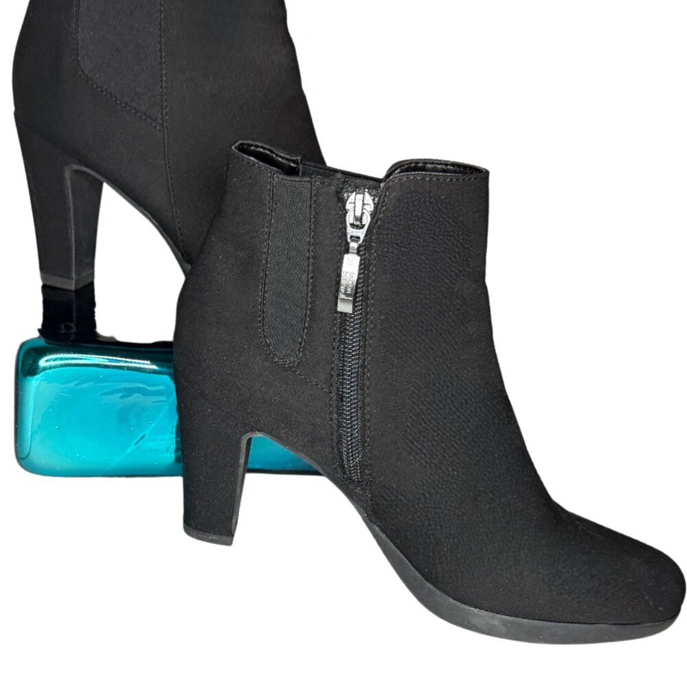 Lauren Blackwell Black Suede-Look Ankle Boots, Block Heel Zip Booties, Size 7